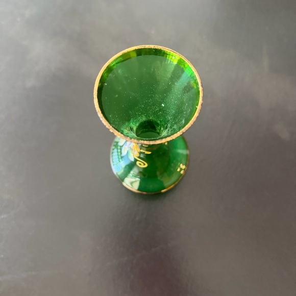 Vintage Emerald Green Glass Vase Gold Rim Hand Painted Flowers Czech Bohemian - Picture 6 of 14
